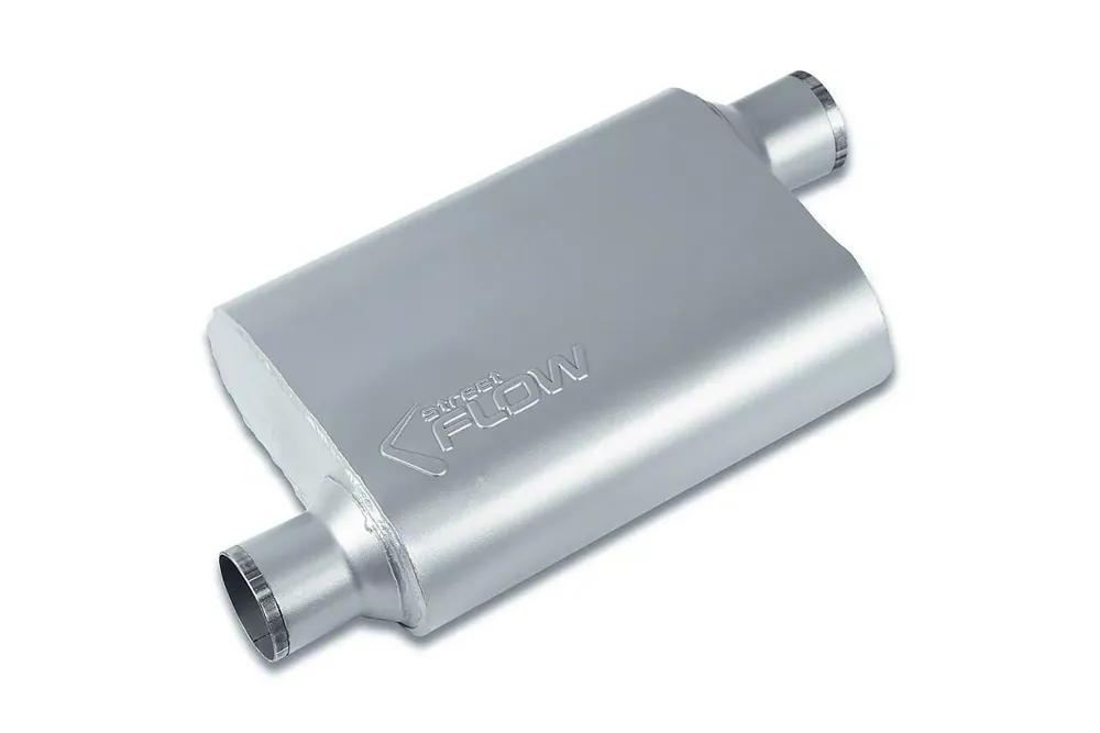 No Minimum Order Street Series Street Flow 2 Chamber Aluminized Offset/Offset Muffler; 2.50-Inch Inlet/2.50-Inch Outlet