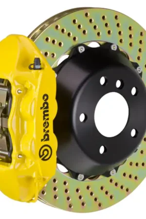 Brembo 03-09 Range Rover Rear GT BBK 4 Piston Cast 380x28 2pc Rotor Drilled- Yellow Certified