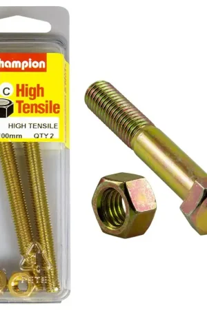 Express Delivery Champion Pack of 2 (2x Hex Set Screws, 2x Nuts) M8 x 100mm High Tensile Grade 8.8, Zinc Plated- BM70