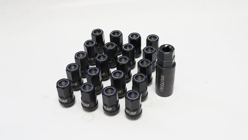 Hassle-Free Returns Wheel Mate Muteki HR38 Open End Lug Nuts 12x1.50 Titanium Chrome / Blue Ring | Graveyard Performance